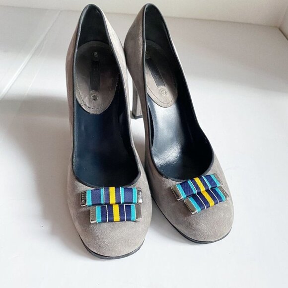 Celine Grey Suede Web Stripe Detail Round Toe High Heels 38  Italy - Picture 1 of 13